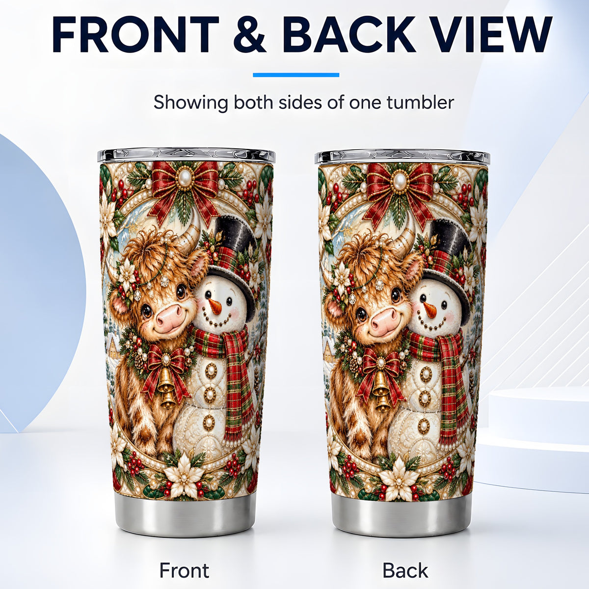 #pl[20oz|Steel] Poinsettia Cow Tumbler 20oz, Snowman Tumbler, Stainless Steel Travel Cup