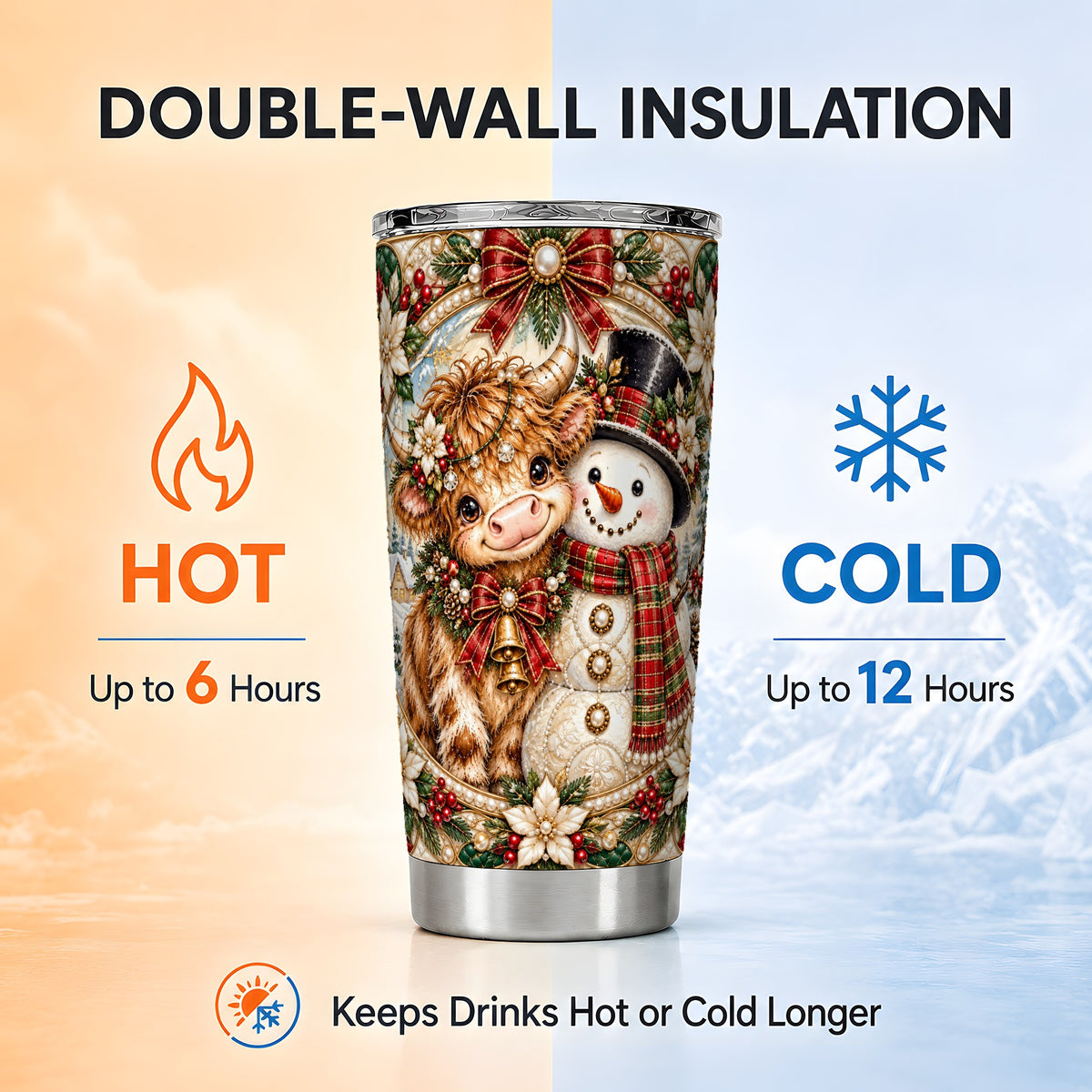 #pl[20oz|Steel] Poinsettia Cow Tumbler 20oz, Snowman Tumbler, Stainless Steel Travel Cup