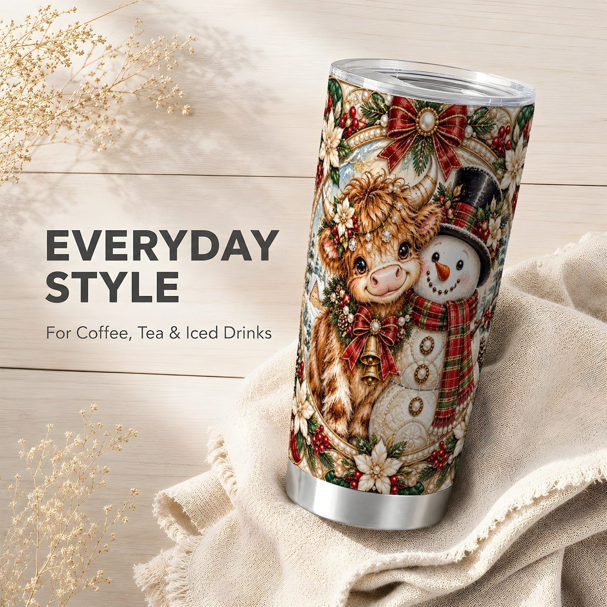 #pl[20oz|Steel] Poinsettia Cow Tumbler 20oz, Snowman Tumbler, Stainless Steel Travel Cup