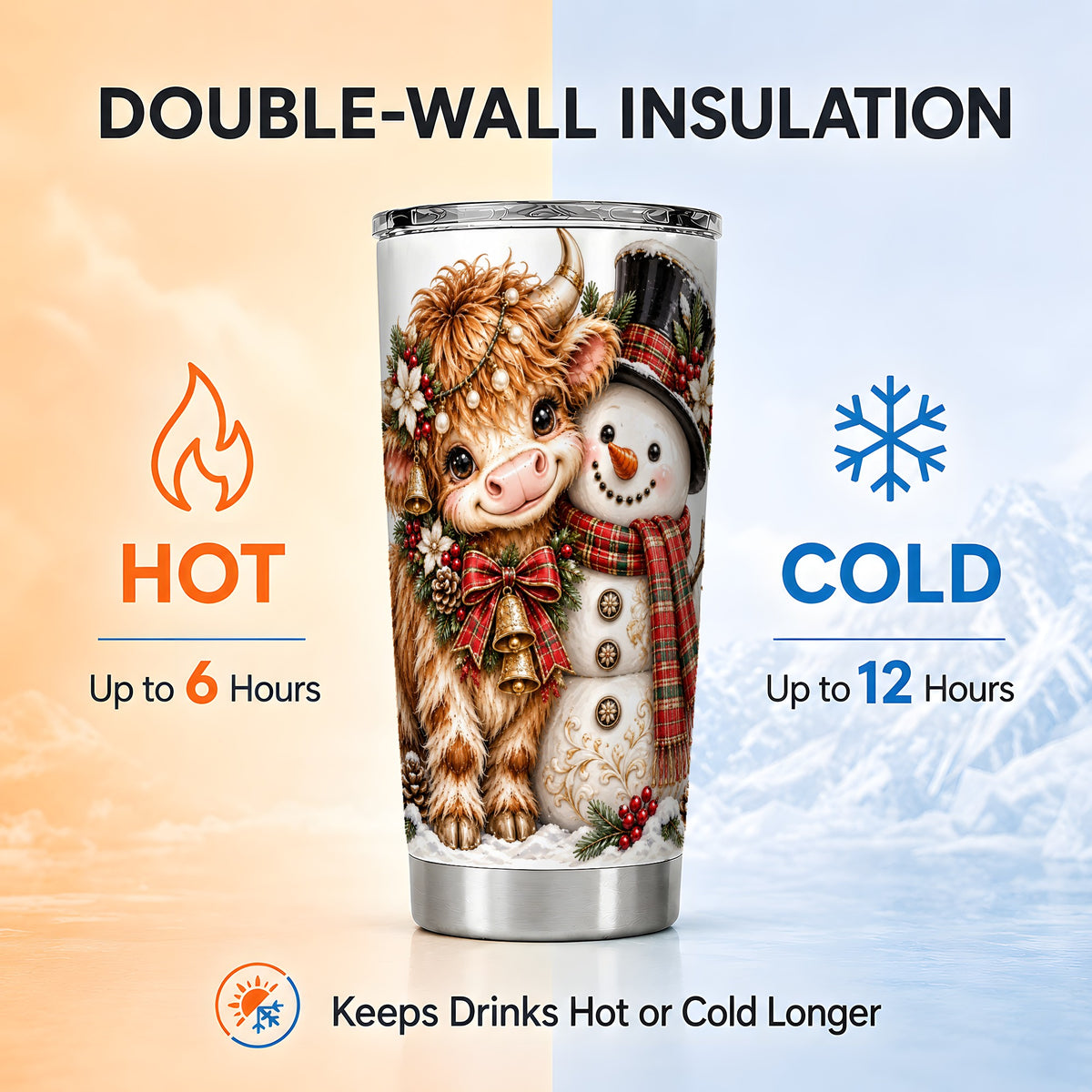 #pl[20oz|Steel] Christmas Cow Tumbler 20oz, Snowman Tumbler, Stainless Steel Travel Cup
