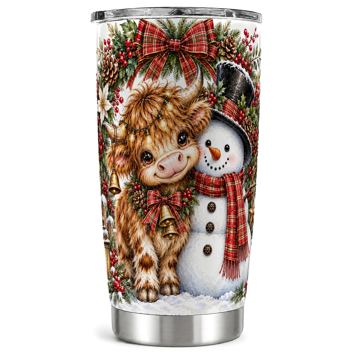 Watercolor Cow Tumbler 20oz, Snowman Tumbler, Stainless Steel Travel Cup