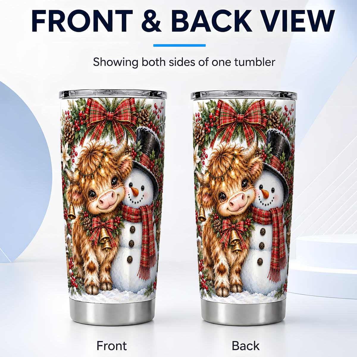 #pl[20oz|Steel] Watercolor Cow Tumbler 20oz, Snowman Tumbler, Stainless Steel Travel Cup