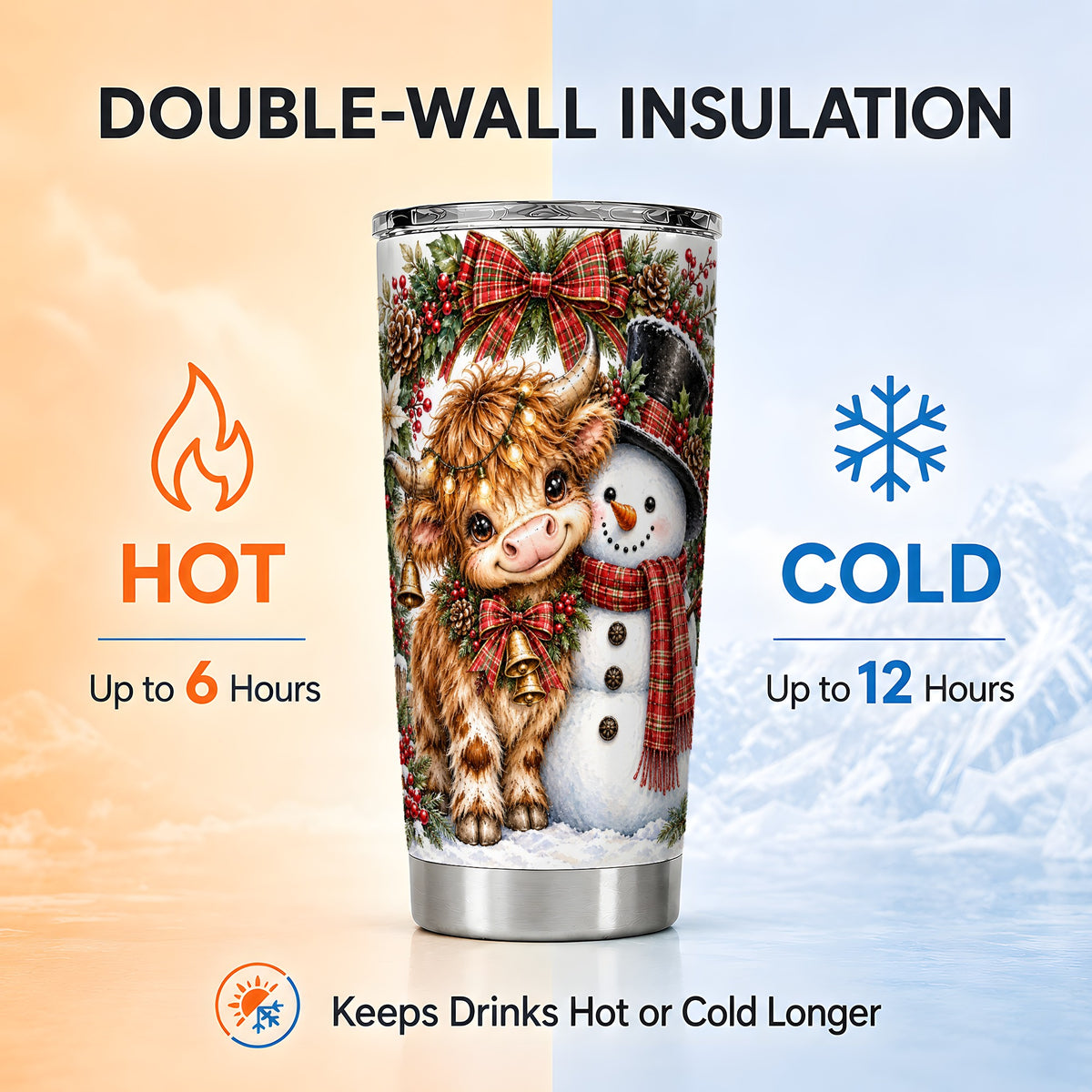#pl[20oz|Steel] Watercolor Cow Tumbler 20oz, Snowman Tumbler, Stainless Steel Travel Cup
