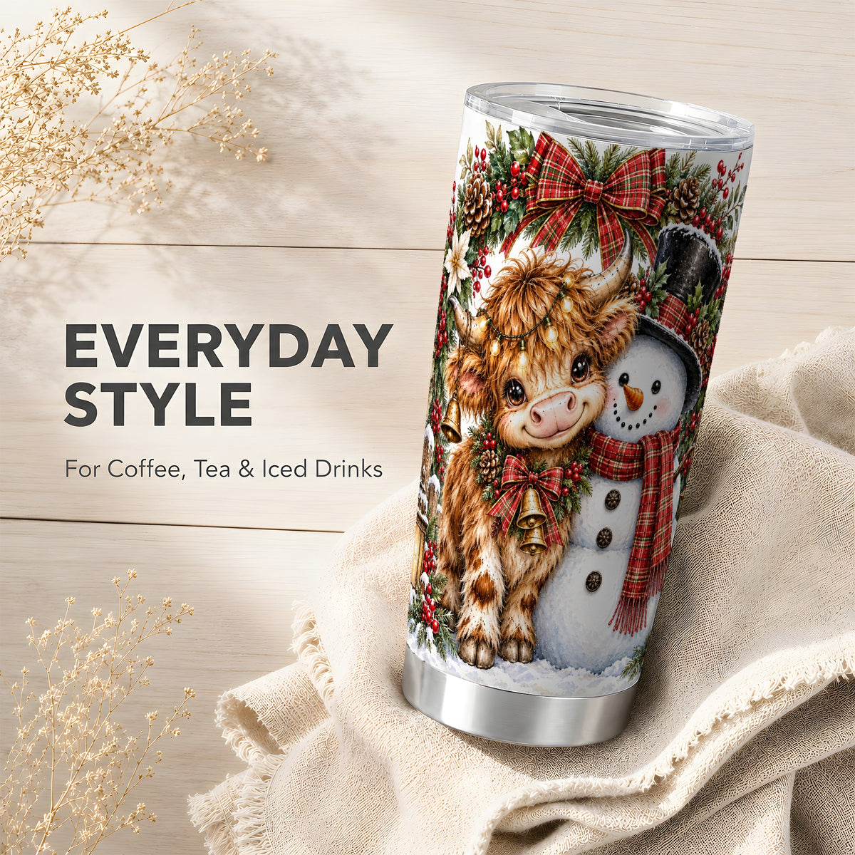 #pl[20oz|Steel] Watercolor Cow Tumbler 20oz, Snowman Tumbler, Stainless Steel Travel Cup