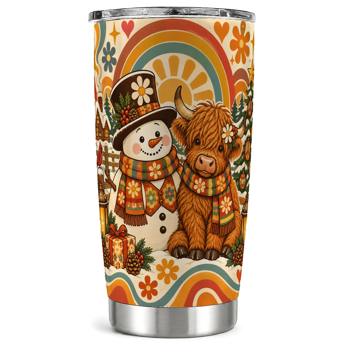 Retro Cow Snowman Tumbler 20oz, Boho Winter Stainless Steel Travel Cup
