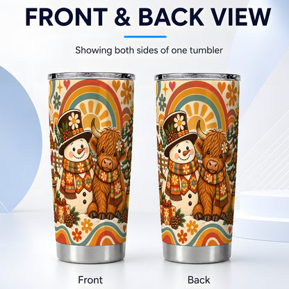 #pl[20oz|Steel] Retro Cow Snowman Tumbler 20oz, Boho Winter Stainless Steel Travel Cup