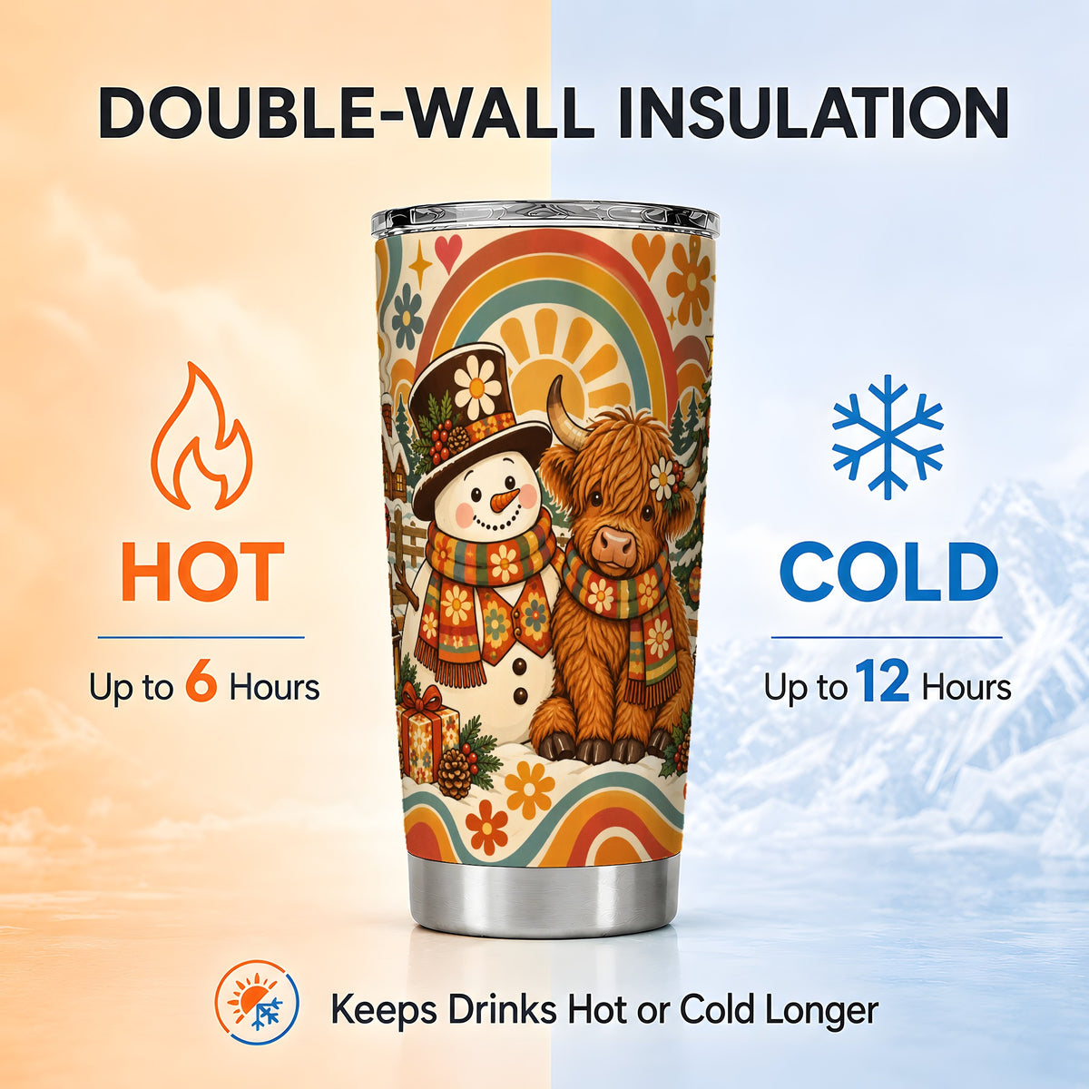 #pl[20oz|Steel] Retro Cow Snowman Tumbler 20oz, Boho Winter Stainless Steel Travel Cup