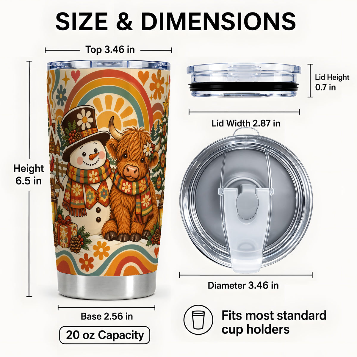 #pl[20oz|Steel] Retro Cow Snowman Tumbler 20oz, Boho Winter Stainless Steel Travel Cup