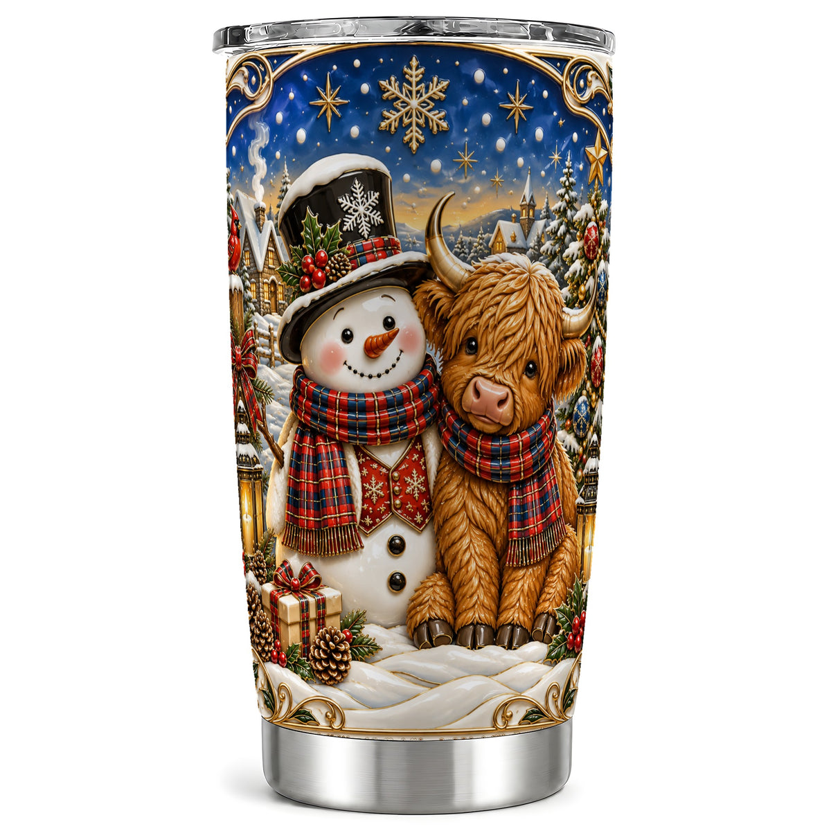 Cow Snowman Tumbler 20oz, Tartan Winter Stainless Steel Travel Cup