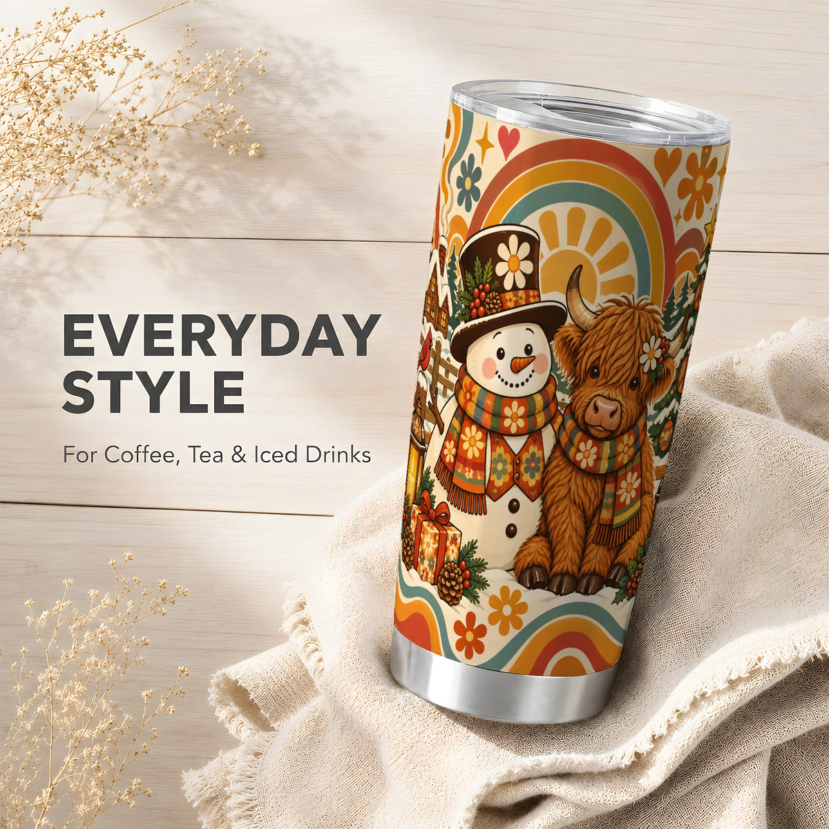 #pl[20oz|Steel] Retro Cow Snowman Tumbler 20oz, Boho Winter Stainless Steel Travel Cup