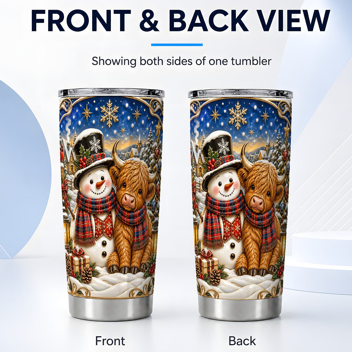 #pl[20oz|Steel] Cow Snowman Tumbler 20oz, Tartan Winter Stainless Steel Travel Cup
