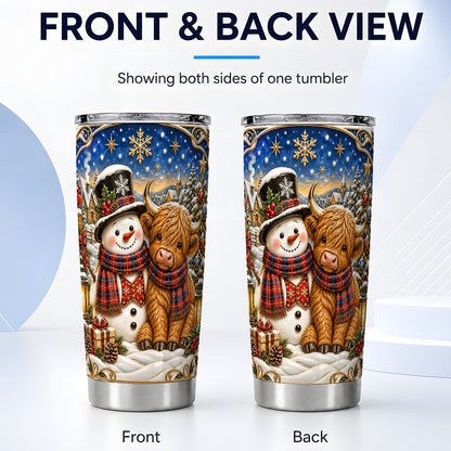#pl[20oz|Steel] Cow Snowman Tumbler 20oz, Tartan Winter Stainless Steel Travel Cup