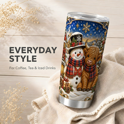 #pl[20oz|Steel] Cow Snowman Tumbler 20oz, Tartan Winter Stainless Steel Travel Cup
