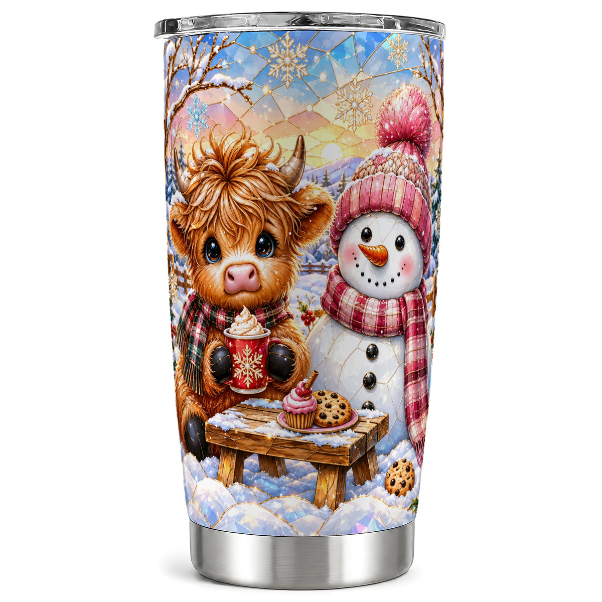Cow Snowman Tumbler 20oz, Pink Winter Stainless Steel Travel Cup