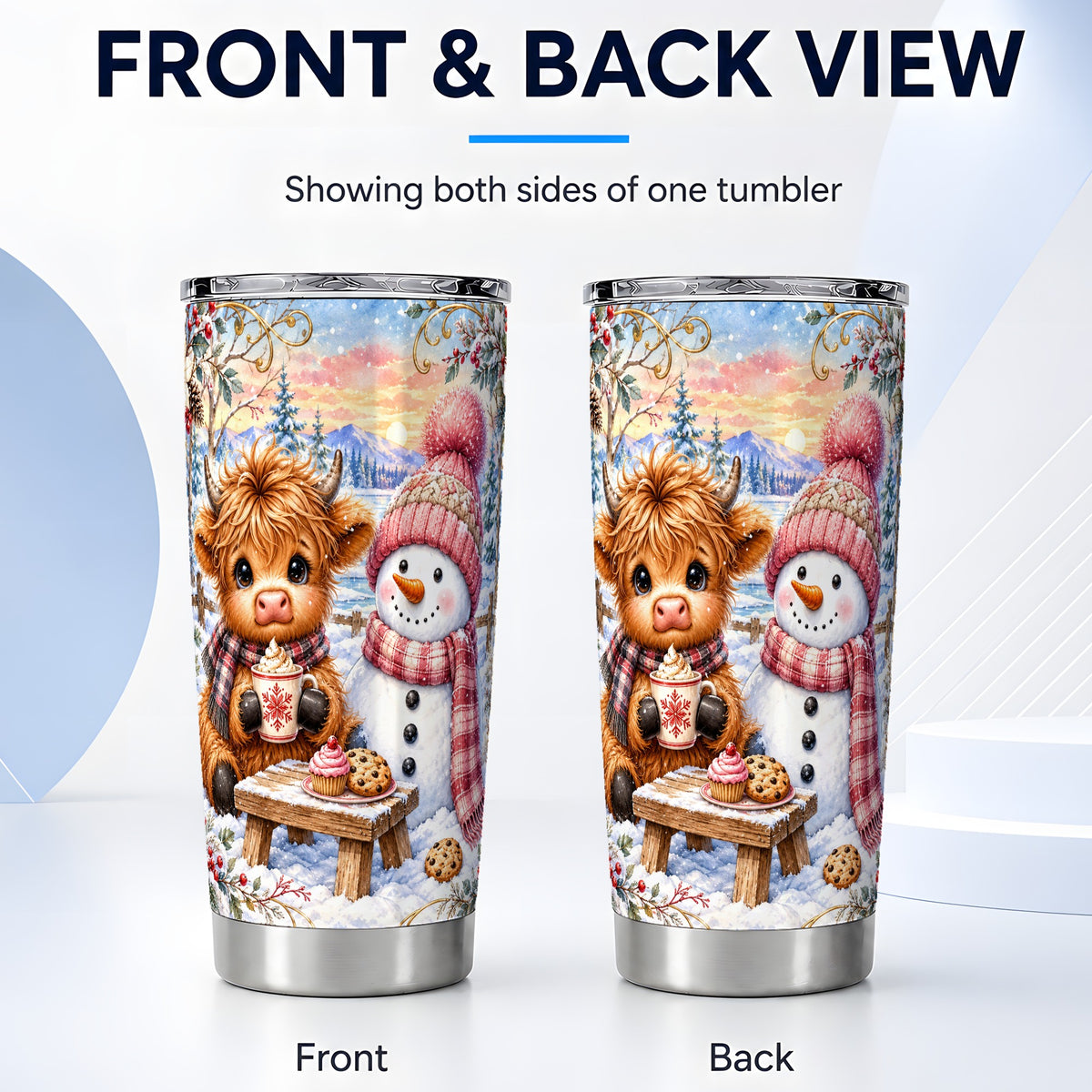 #pl[20oz|Steel] Cow Snowman Tumbler 20oz, Watercolor Winter Stainless Steel Travel Cup