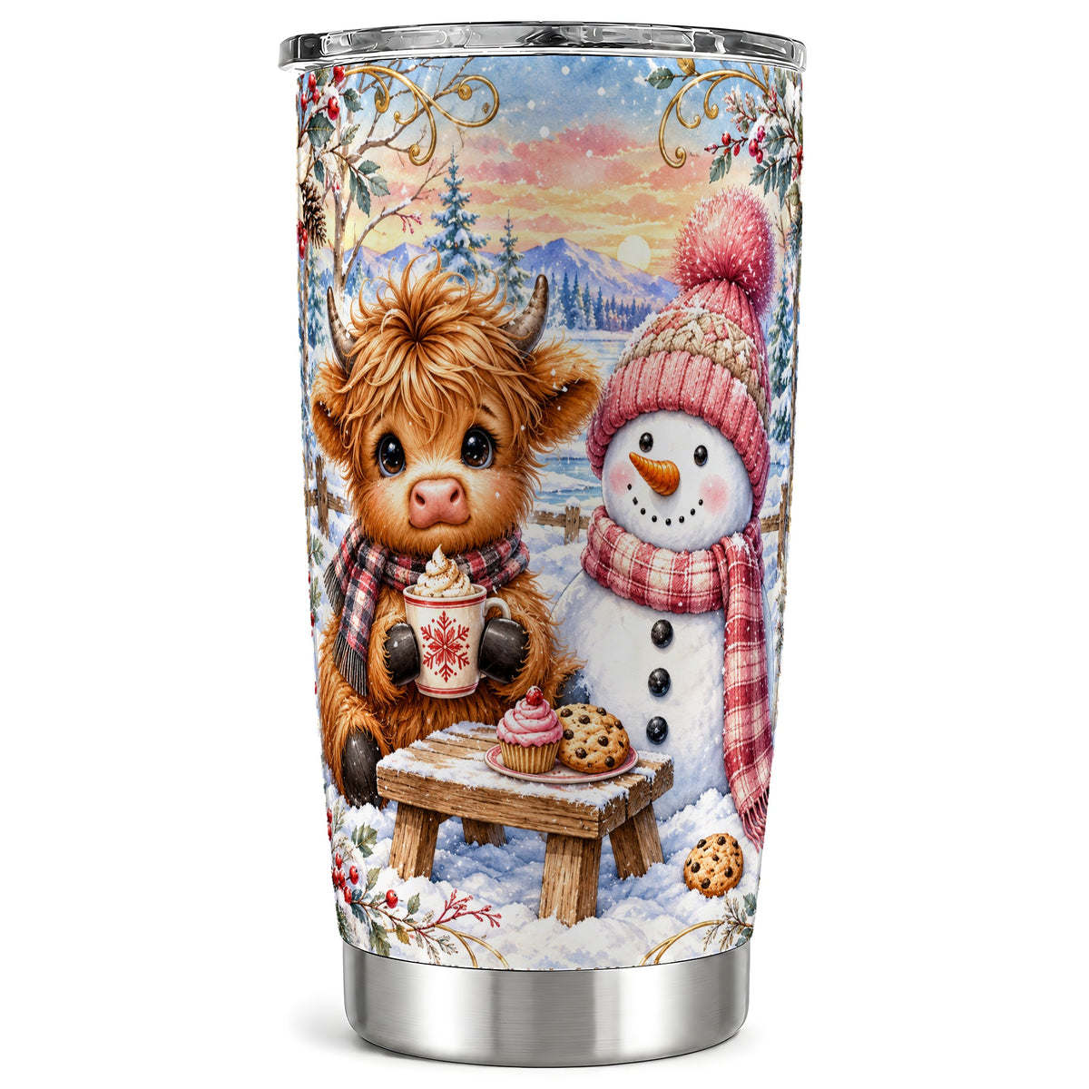 Cow Snowman Tumbler 20oz, Watercolor Winter Stainless Steel Travel Cup