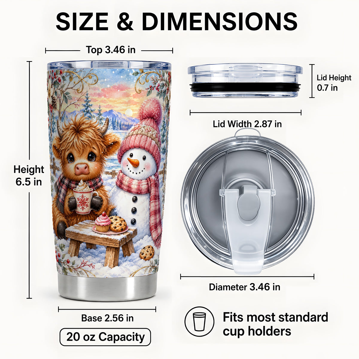 #pl[20oz|Steel] Cow Snowman Tumbler 20oz, Watercolor Winter Stainless Steel Travel Cup