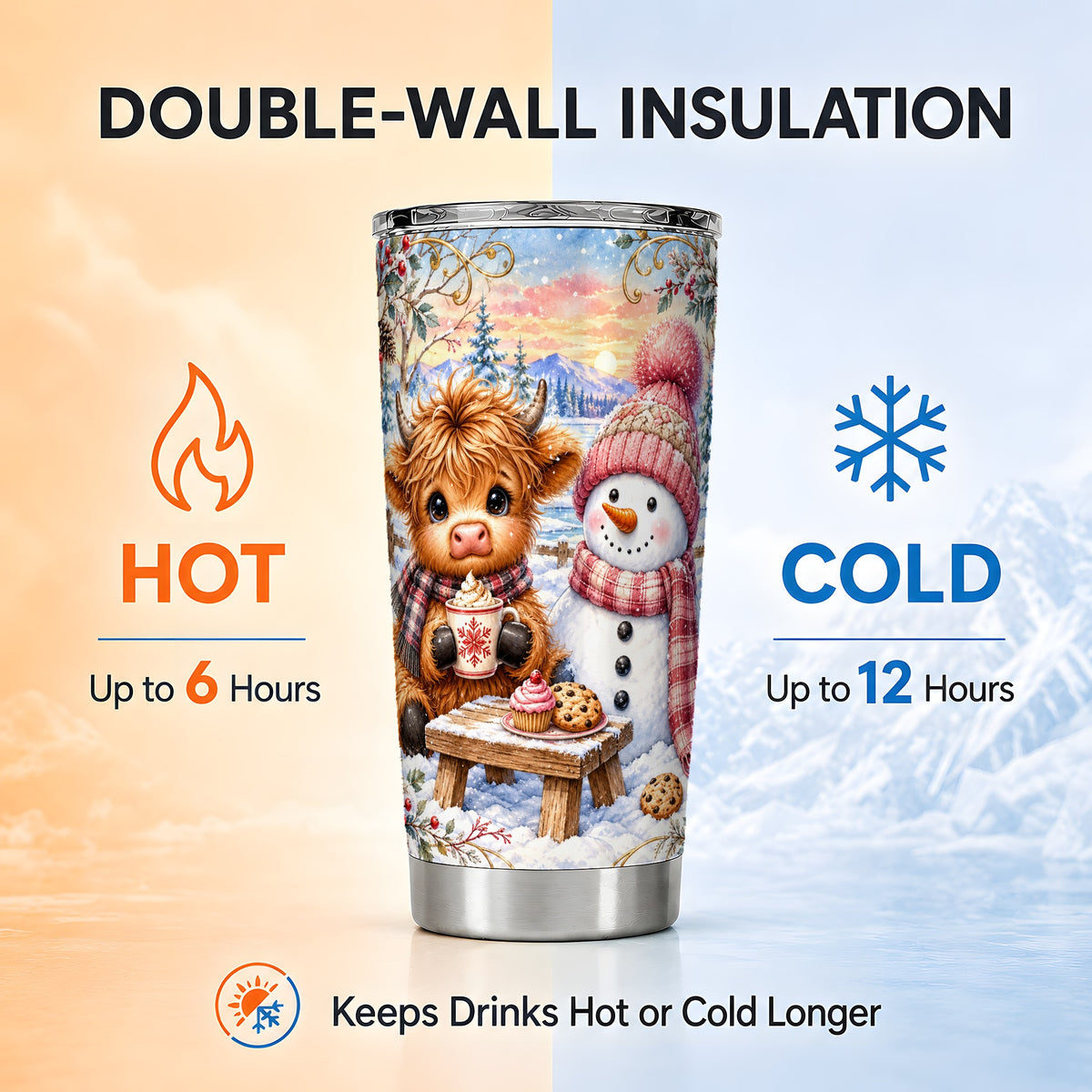 #pl[20oz|Steel] Cow Snowman Tumbler 20oz, Watercolor Winter Stainless Steel Travel Cup