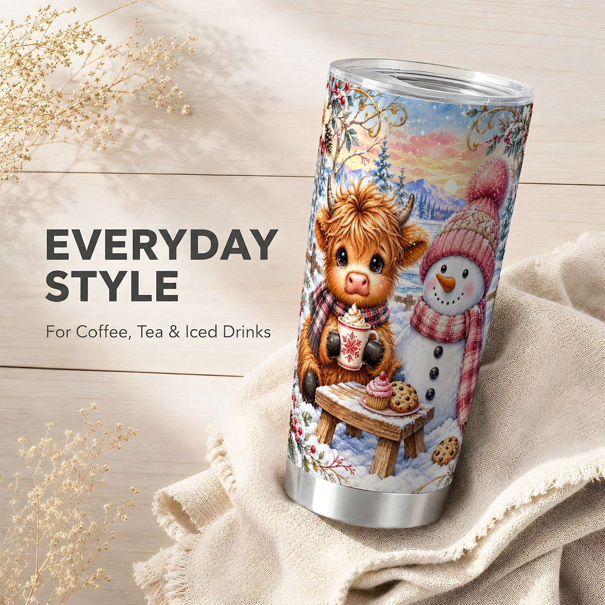 #pl[20oz|Steel] Cow Snowman Tumbler 20oz, Watercolor Winter Stainless Steel Travel Cup