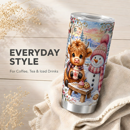 #pl[20oz|Steel] Cow Snowman Tumbler 20oz, Watercolor Winter Stainless Steel Travel Cup