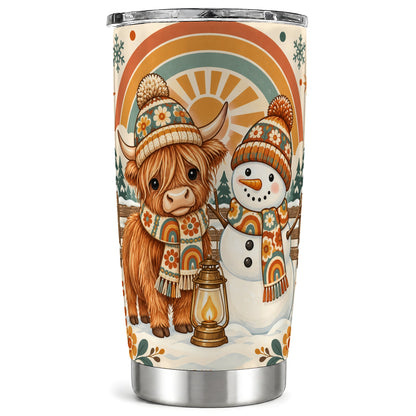 Retro Cow Snowman Tumbler 20oz, Rainbow Winter Stainless Steel Travel Cup