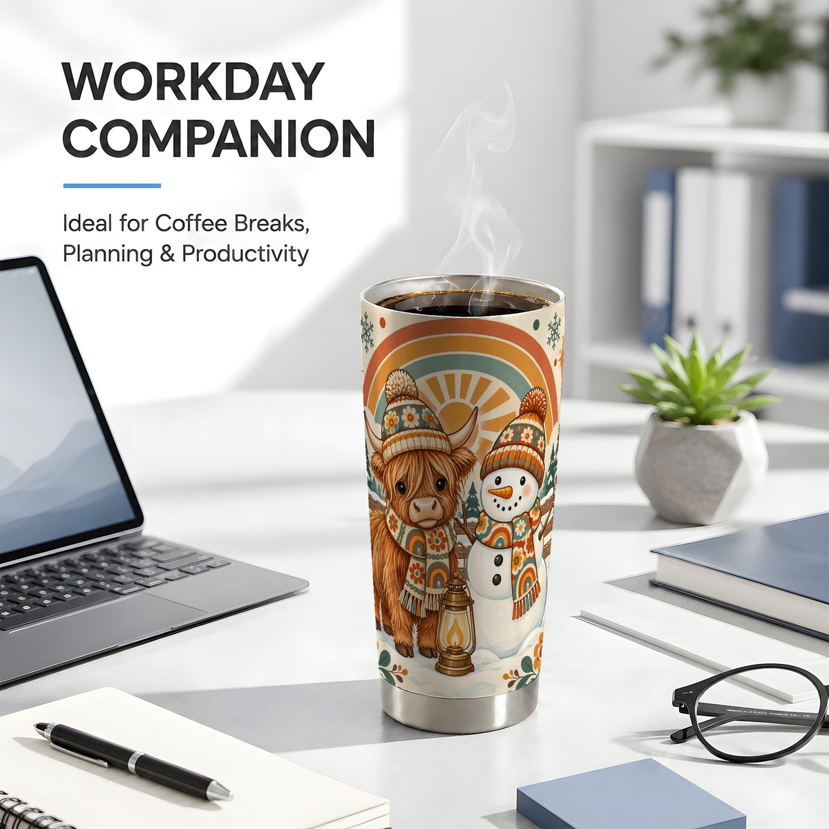 #pl[20oz|Steel] Retro Cow Snowman Tumbler 20oz, Rainbow Winter Stainless Steel Travel Cup