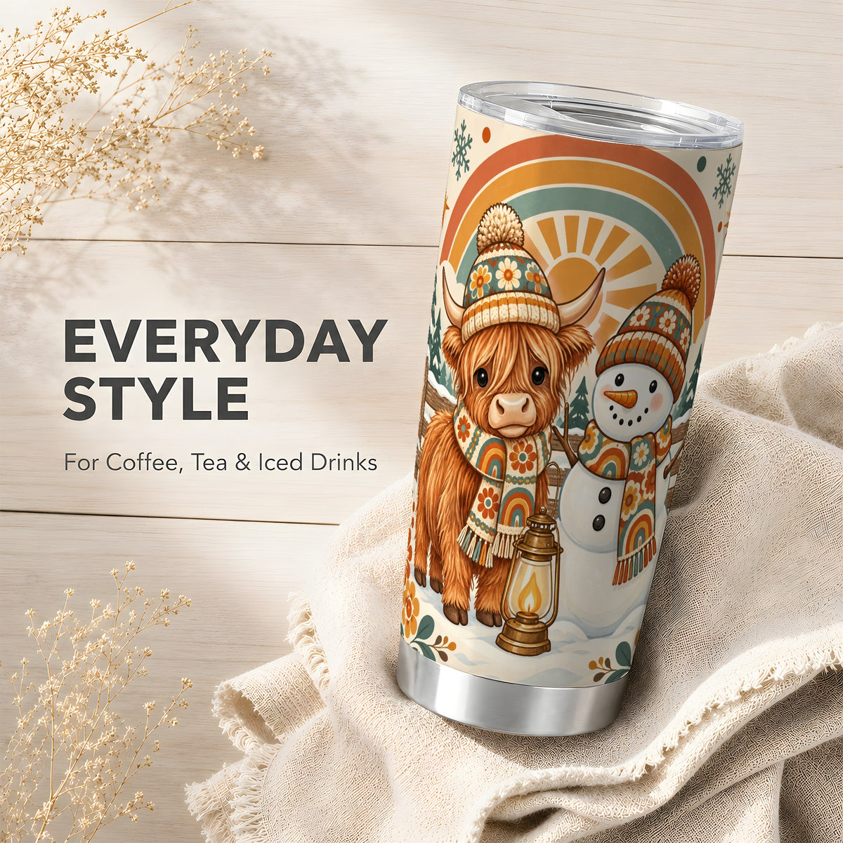 #pl[20oz|Steel] Retro Cow Snowman Tumbler 20oz, Rainbow Winter Stainless Steel Travel Cup