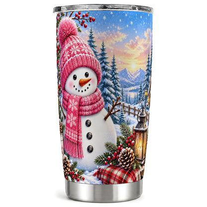 Pink Snowman Tumbler 20oz, Winter Tumbler, Stainless Steel Travel Cup