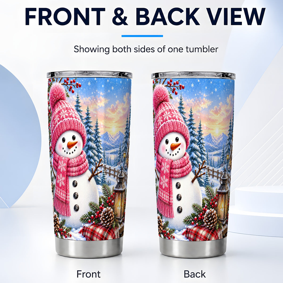#pl[20oz|Steel] Pink Snowman Tumbler 20oz, Winter Tumbler, Stainless Steel Travel Cup