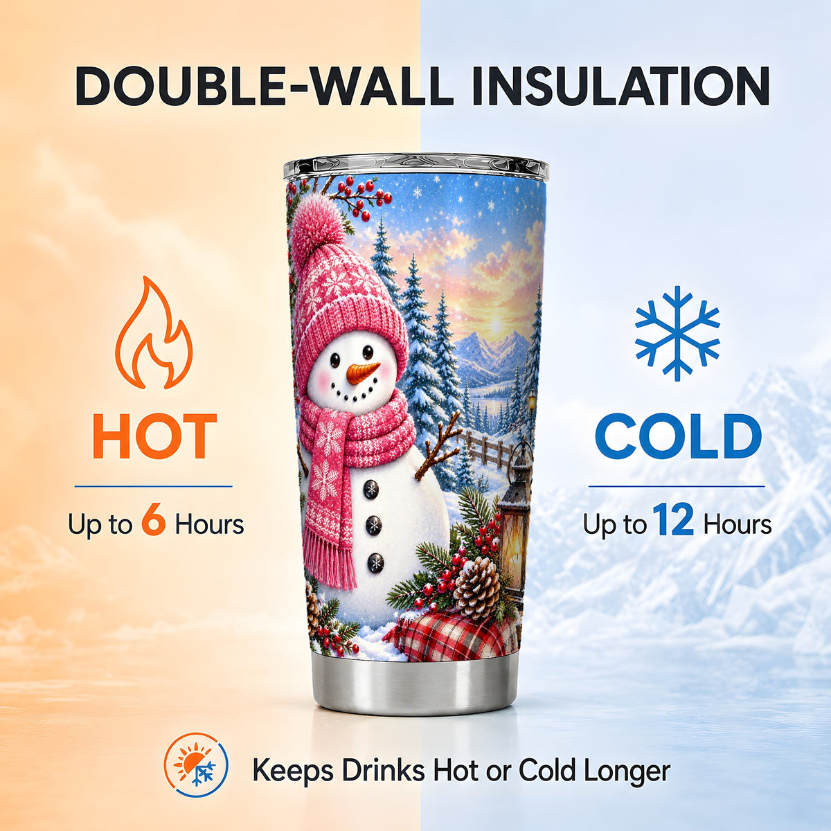 #pl[20oz|Steel] Pink Snowman Tumbler 20oz, Winter Tumbler, Stainless Steel Travel Cup