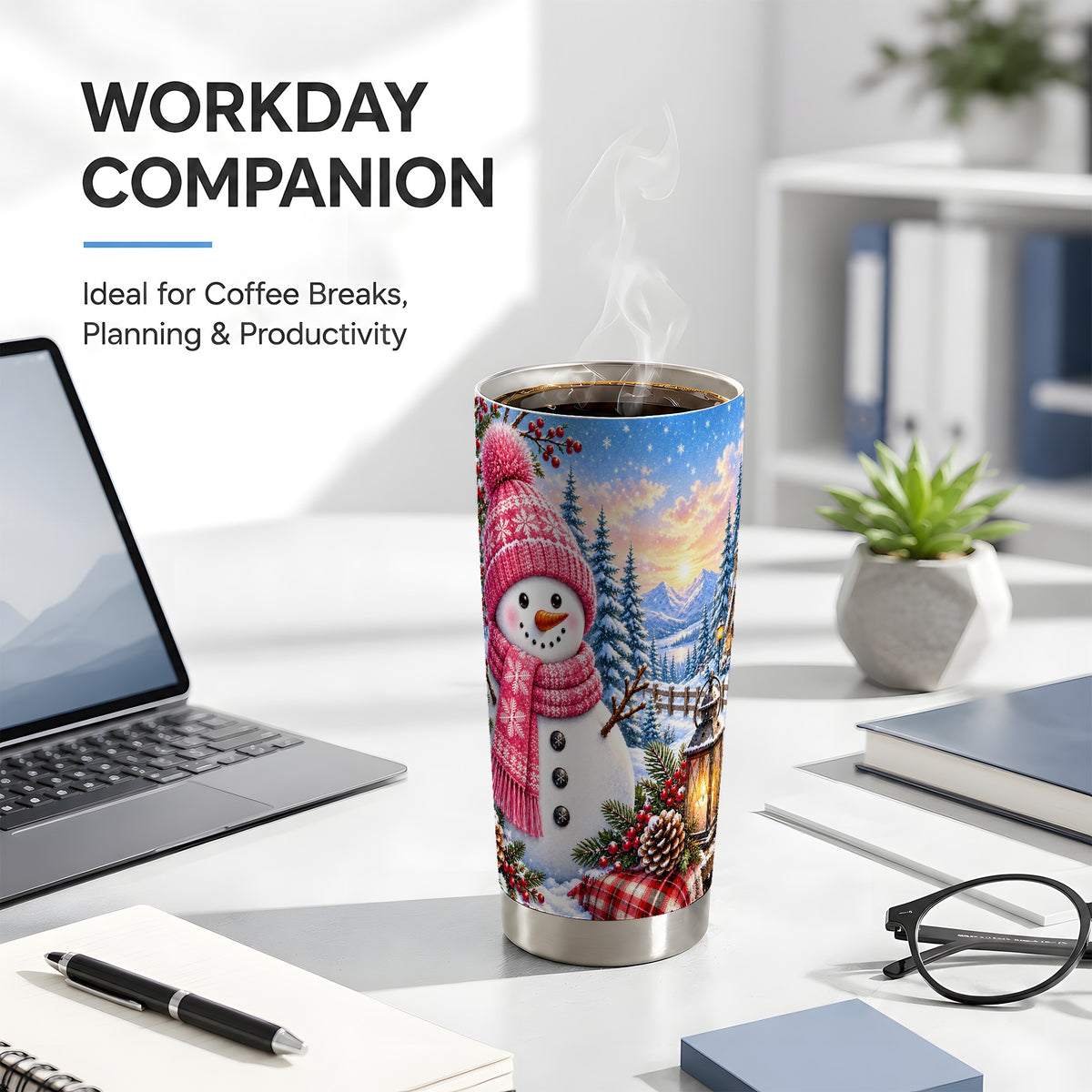 #pl[20oz|Steel] Pink Snowman Tumbler 20oz, Winter Tumbler, Stainless Steel Travel Cup