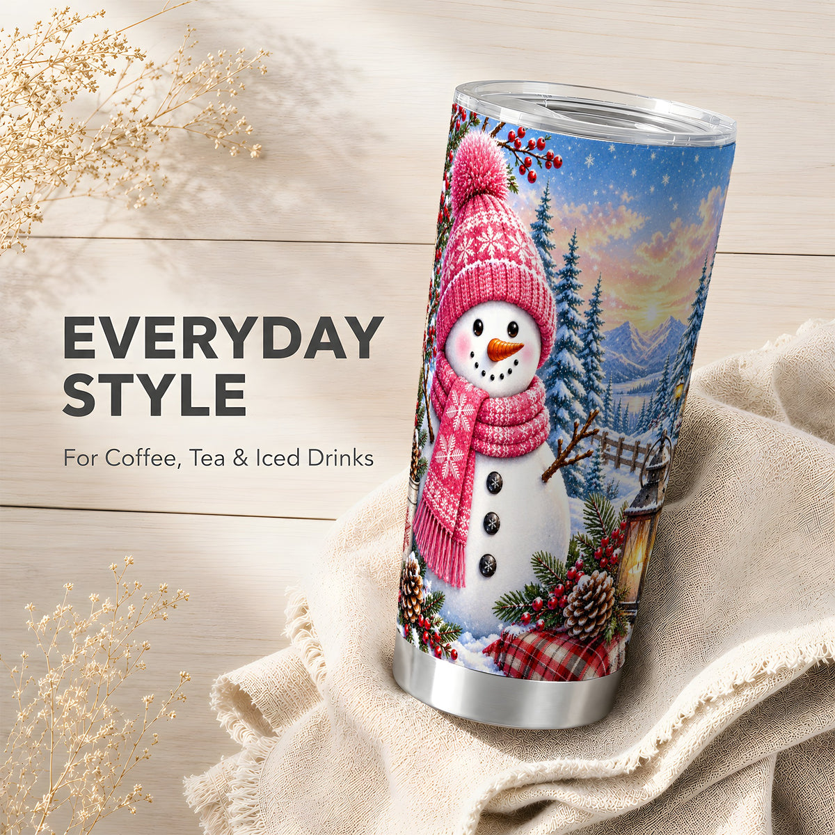 #pl[20oz|Steel] Pink Snowman Tumbler 20oz, Winter Tumbler, Stainless Steel Travel Cup