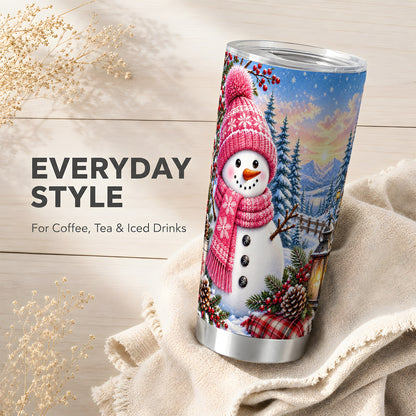 #pl[20oz|Steel] Pink Snowman Tumbler 20oz, Winter Tumbler, Stainless Steel Travel Cup