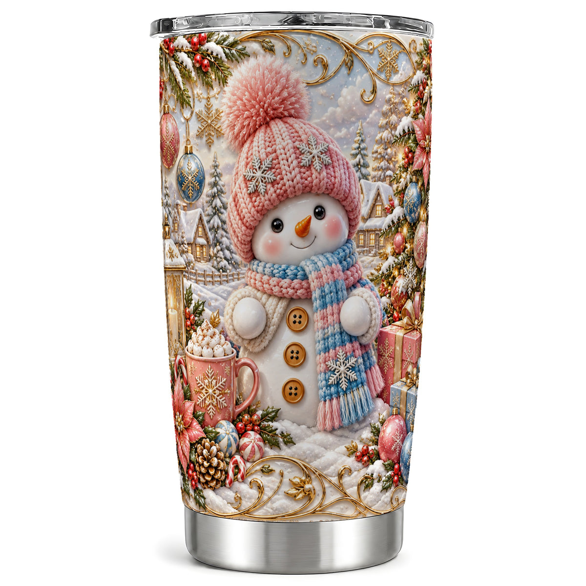 Pink Snowman Tumbler 20oz, Winter Tumbler, Stainless Steel Travel Cup