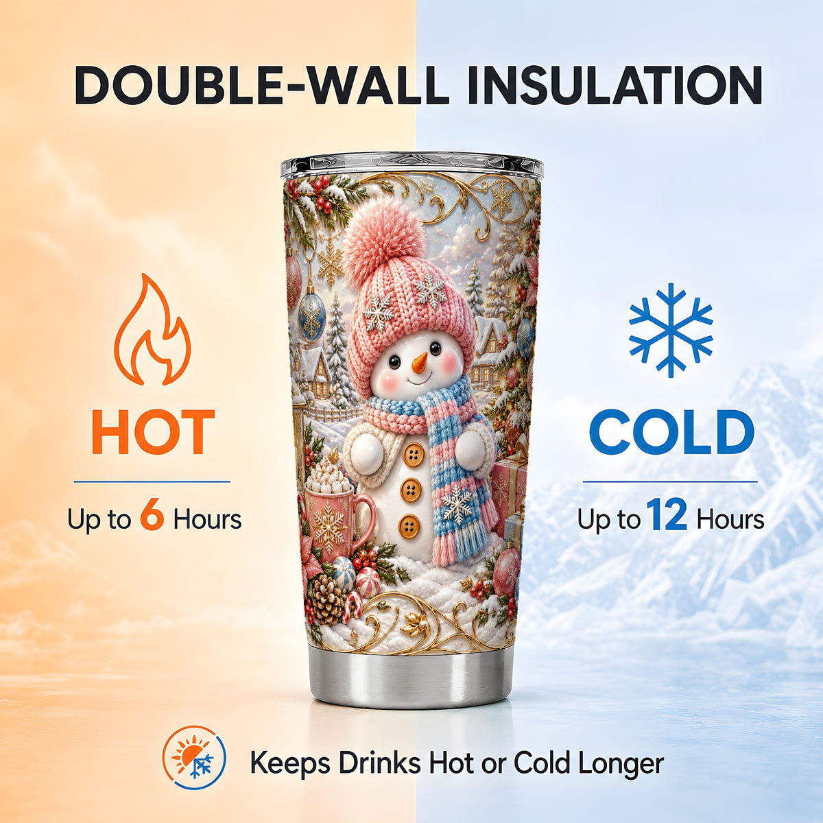 #pl[20oz|Steel] Pink Snowman Tumbler 20oz, Winter Tumbler, Stainless Steel Travel Cup