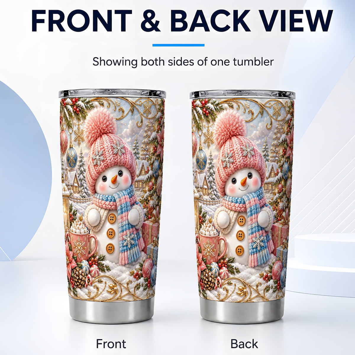 #pl[20oz|Steel] Pink Snowman Tumbler 20oz, Winter Tumbler, Stainless Steel Travel Cup