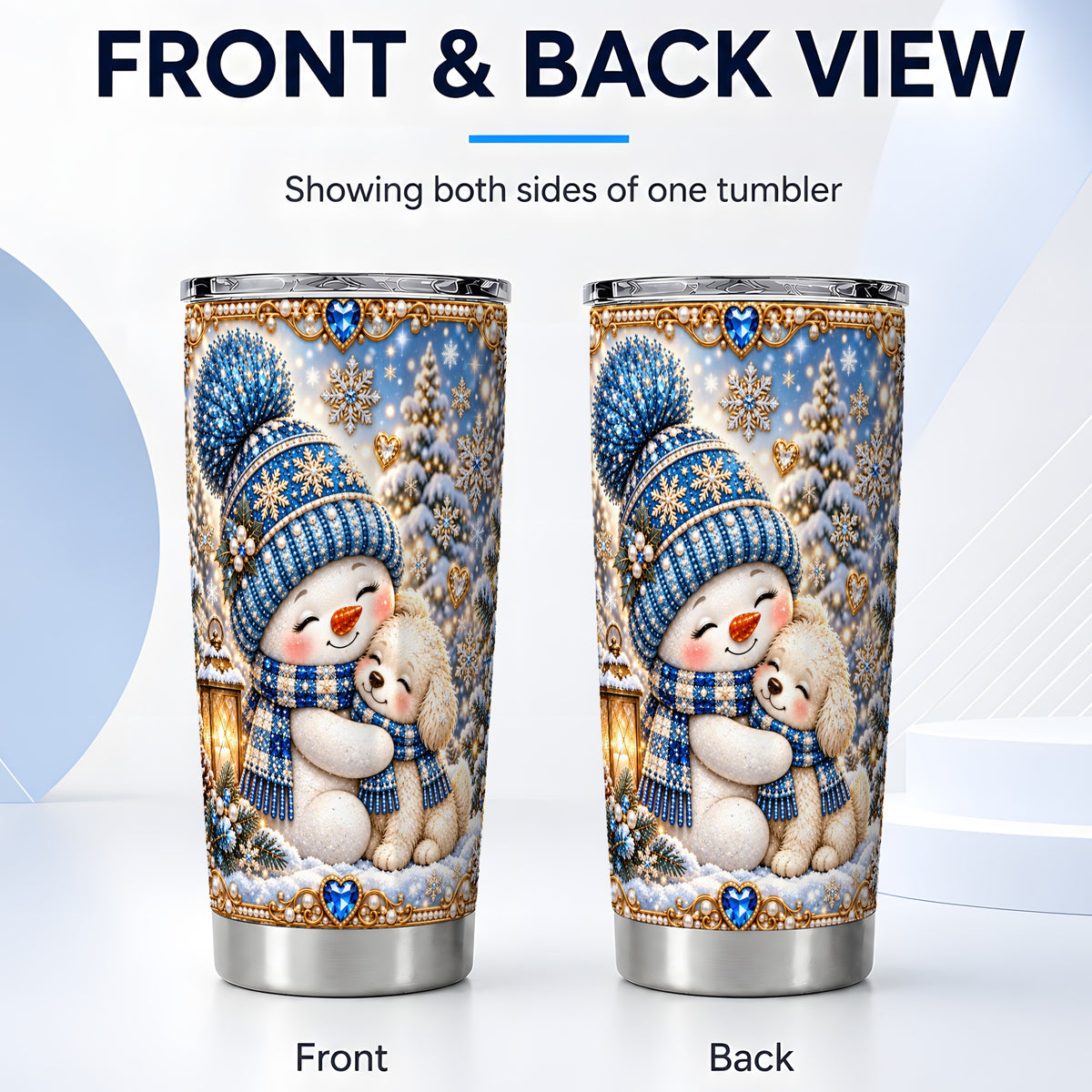 #pl[20oz|Steel] Blue Snowman Dog Tumbler 20oz, Winter Tumbler, Stainless Steel Travel Cup
