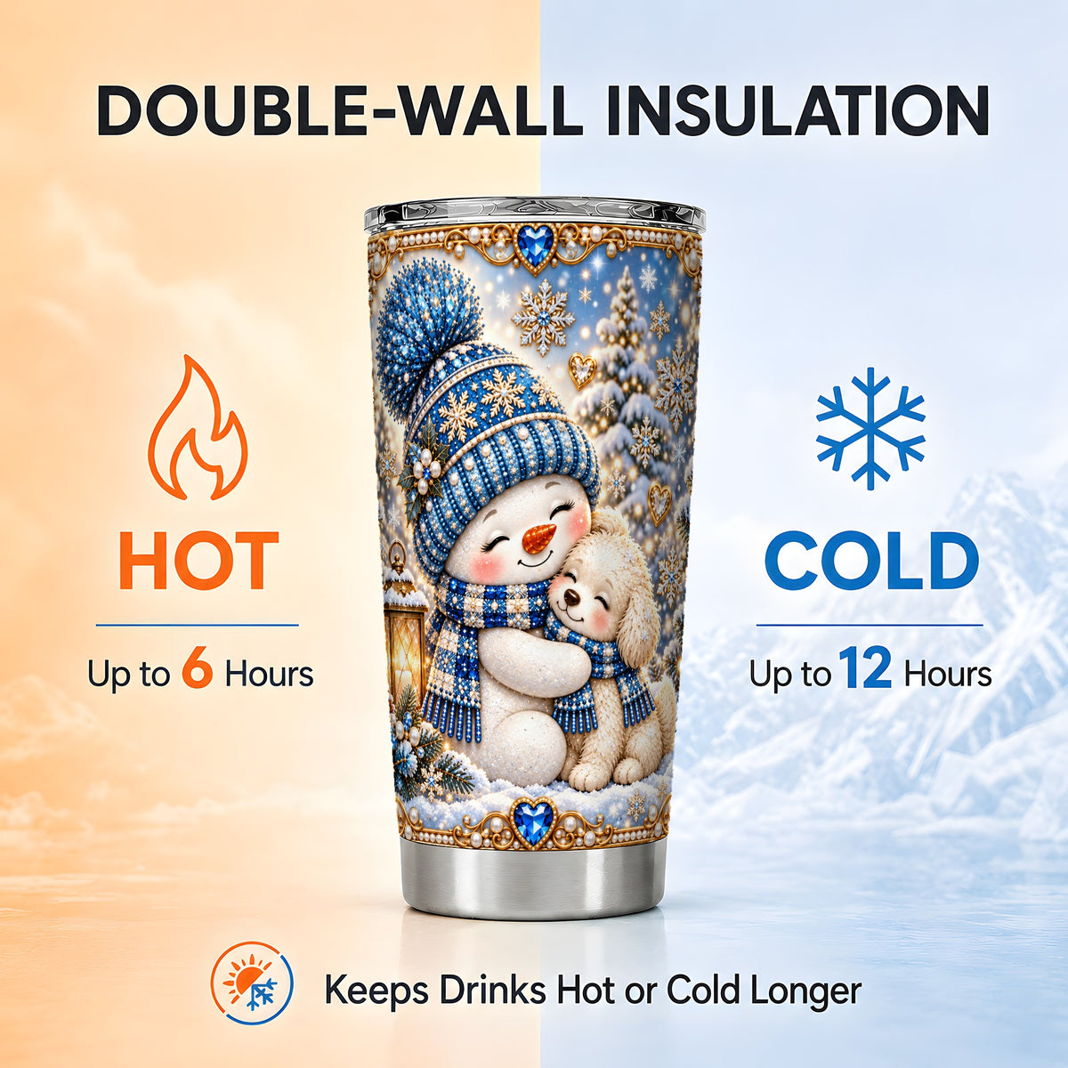 #pl[20oz|Steel] Blue Snowman Dog Tumbler 20oz, Winter Tumbler, Stainless Steel Travel Cup