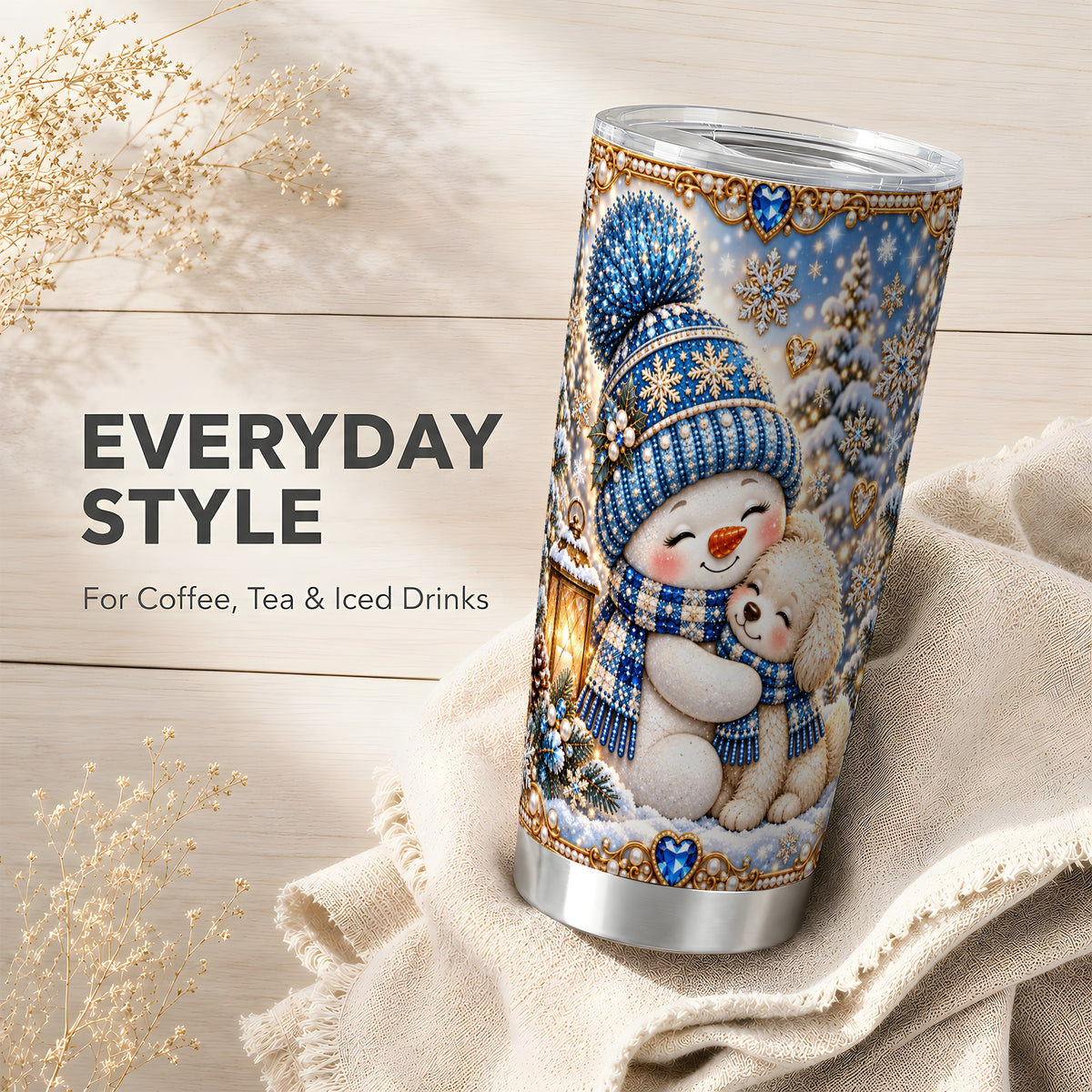 #pl[20oz|Steel] Blue Snowman Dog Tumbler 20oz, Winter Tumbler, Stainless Steel Travel Cup