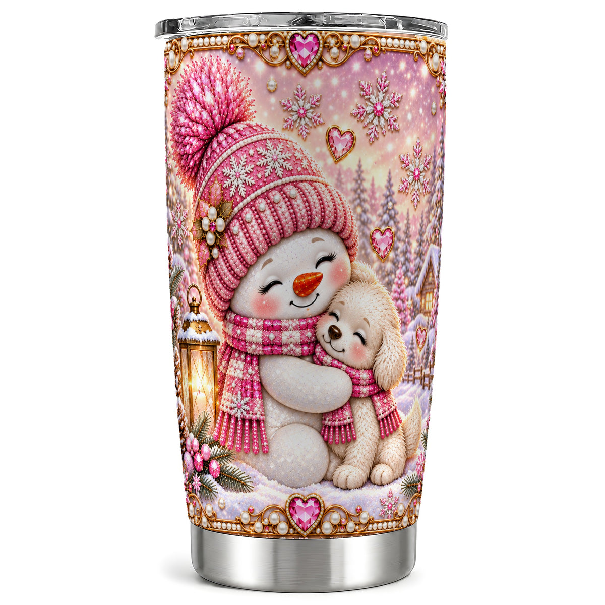 Pink Snowman Dog Tumbler 20oz, Winter Tumbler, Stainless Steel Travel Cup