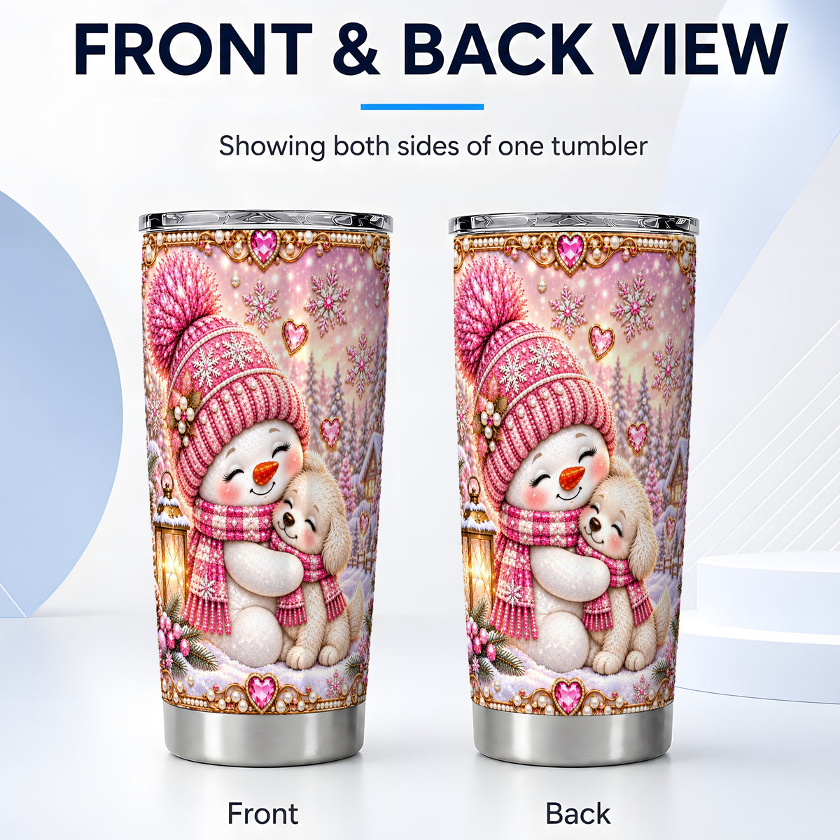 #pl[20oz|Steel] Pink Snowman Dog Tumbler 20oz, Winter Tumbler, Stainless Steel Travel Cup