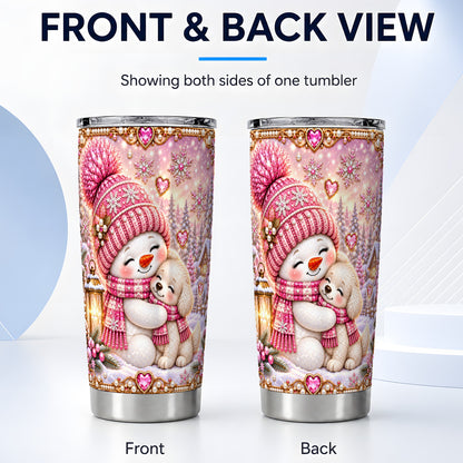 #pl[20oz|Steel] Pink Snowman Dog Tumbler 20oz, Winter Tumbler, Stainless Steel Travel Cup