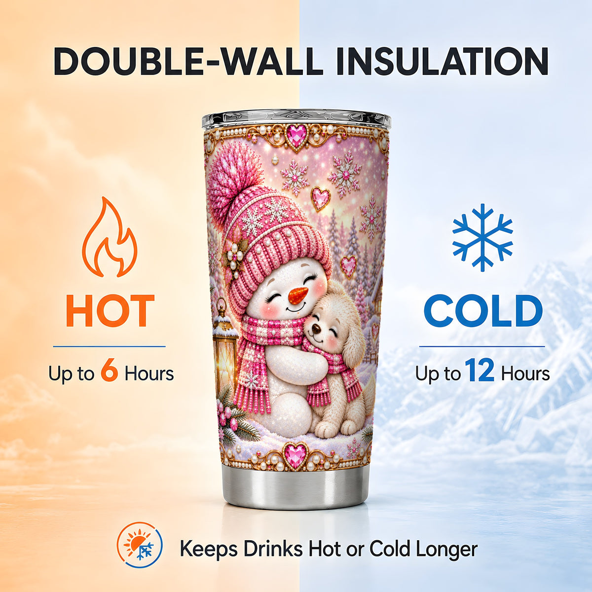 #pl[20oz|Steel] Pink Snowman Dog Tumbler 20oz, Winter Tumbler, Stainless Steel Travel Cup