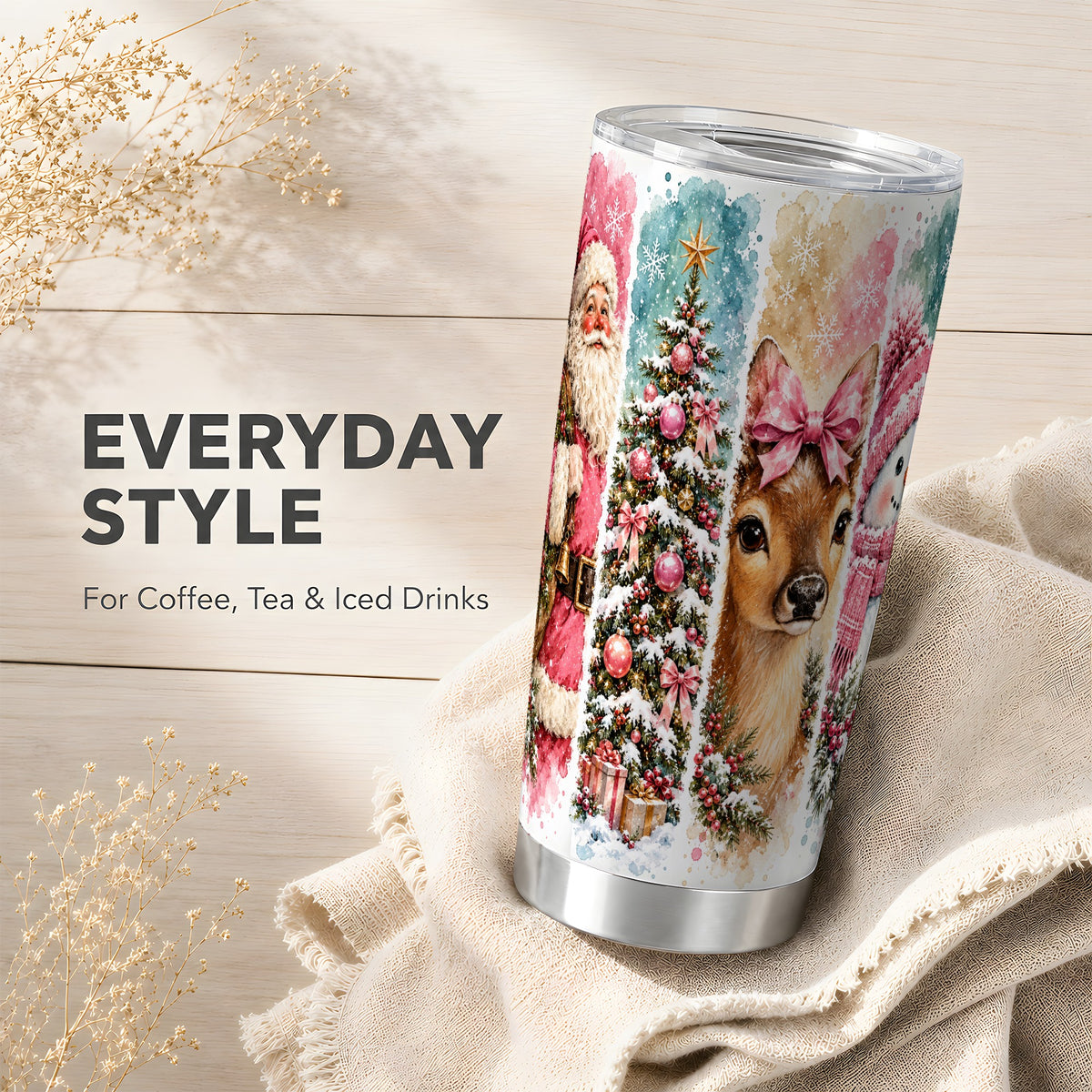 #pl[20oz|Steel] Pink Christmas 20oz Tumbler, Santa Deer Stainless Steel Travel Cup
