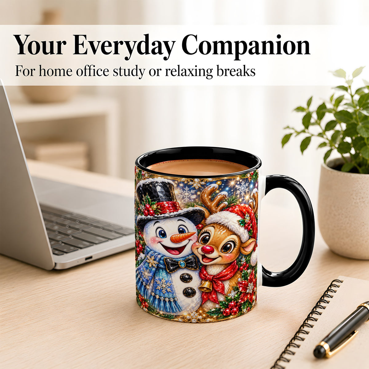 #pl[11oz|Black] Snowman Reindeer Coffee Mug, Christmas Friends Mug, Ceramic Cup