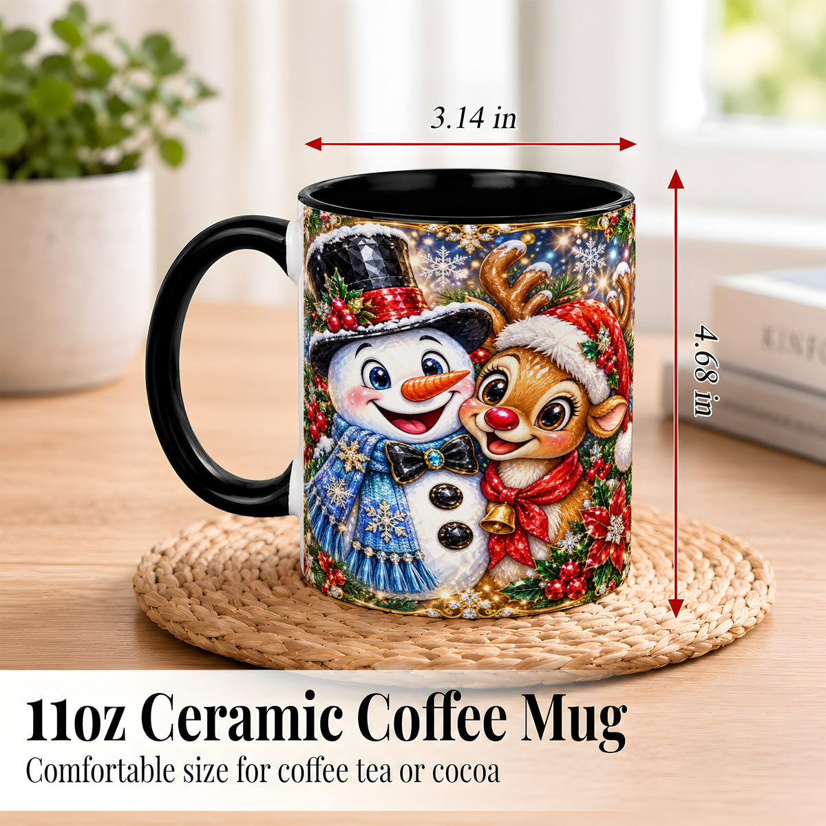 #pl[11oz|Black] Snowman Reindeer Coffee Mug, Christmas Friends Mug, Ceramic Cup