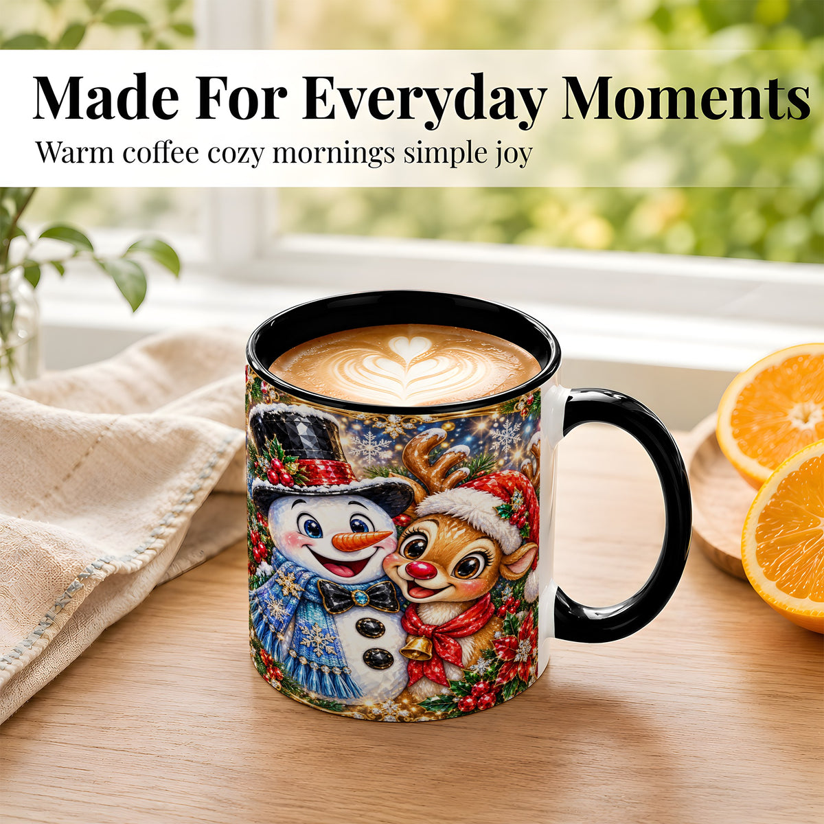 #pl[11oz|Black] Snowman Reindeer Coffee Mug, Christmas Friends Mug, Ceramic Cup