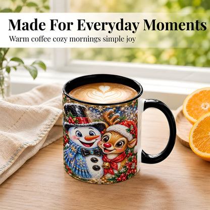 #pl[11oz|Black] Snowman Reindeer Coffee Mug, Christmas Friends Mug, Ceramic Cup