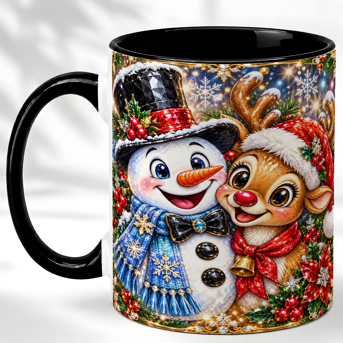 #pl[11oz|Black] Snowman Reindeer Coffee Mug, Christmas Friends Mug, Ceramic Cup