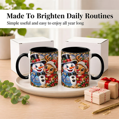 #pl[11oz|Black] Snowman Reindeer Coffee Mug, Christmas Friends Mug, Ceramic Cup